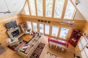 TV, fireplace, foosball, books