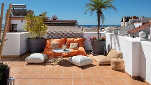 Terraza en la azotea con un conjunto de sofás, una palmera y plantas en macetas.