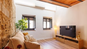 Ein modernes Wohnzimmer mit Steinwand, Holzboden, einer Sofagarnitur, einem Fernseher und einer Pflanze.