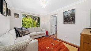 Smart TV, fireplace, books