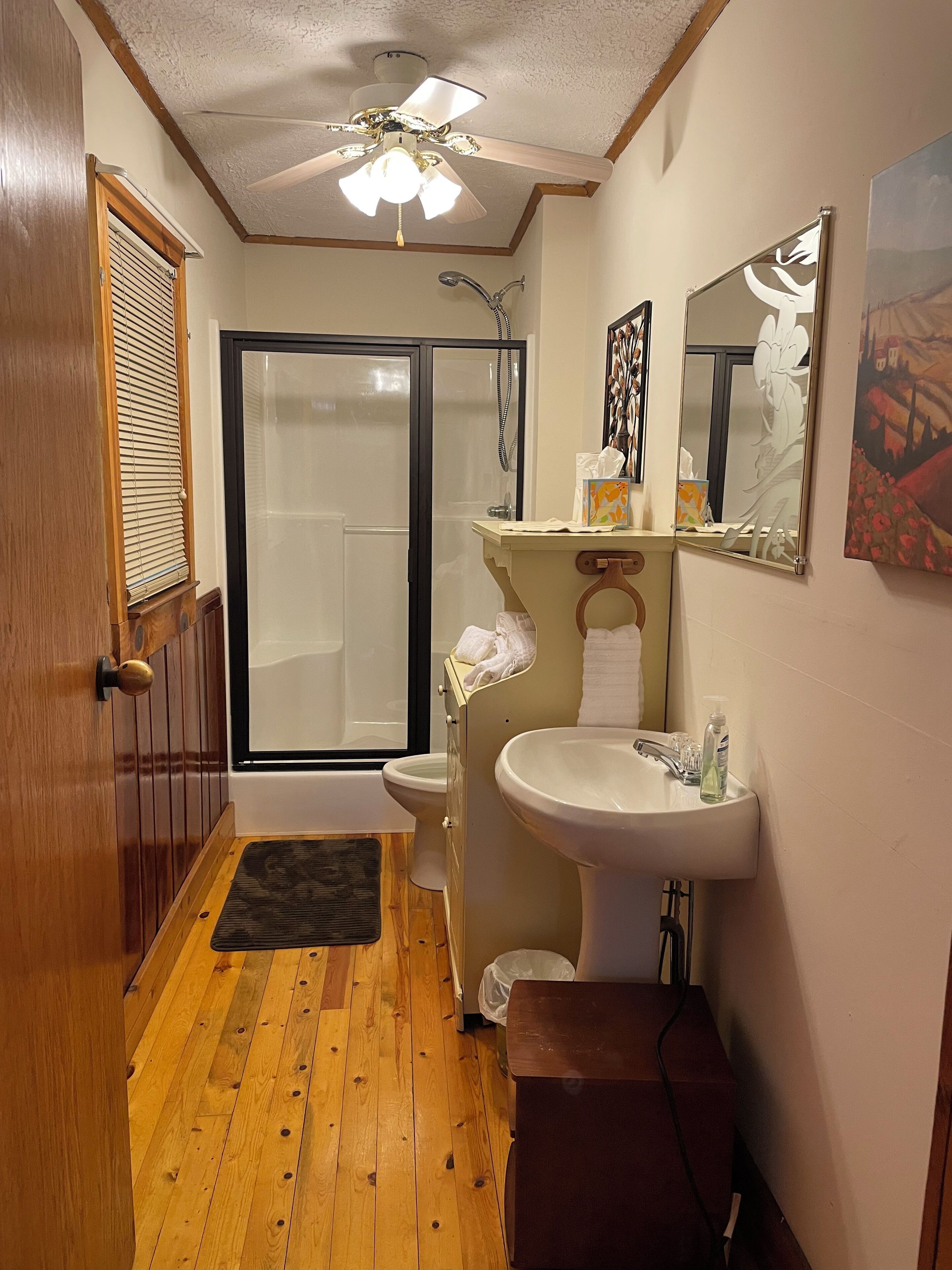 Een douche, een haardroger, handdoeken, zeep