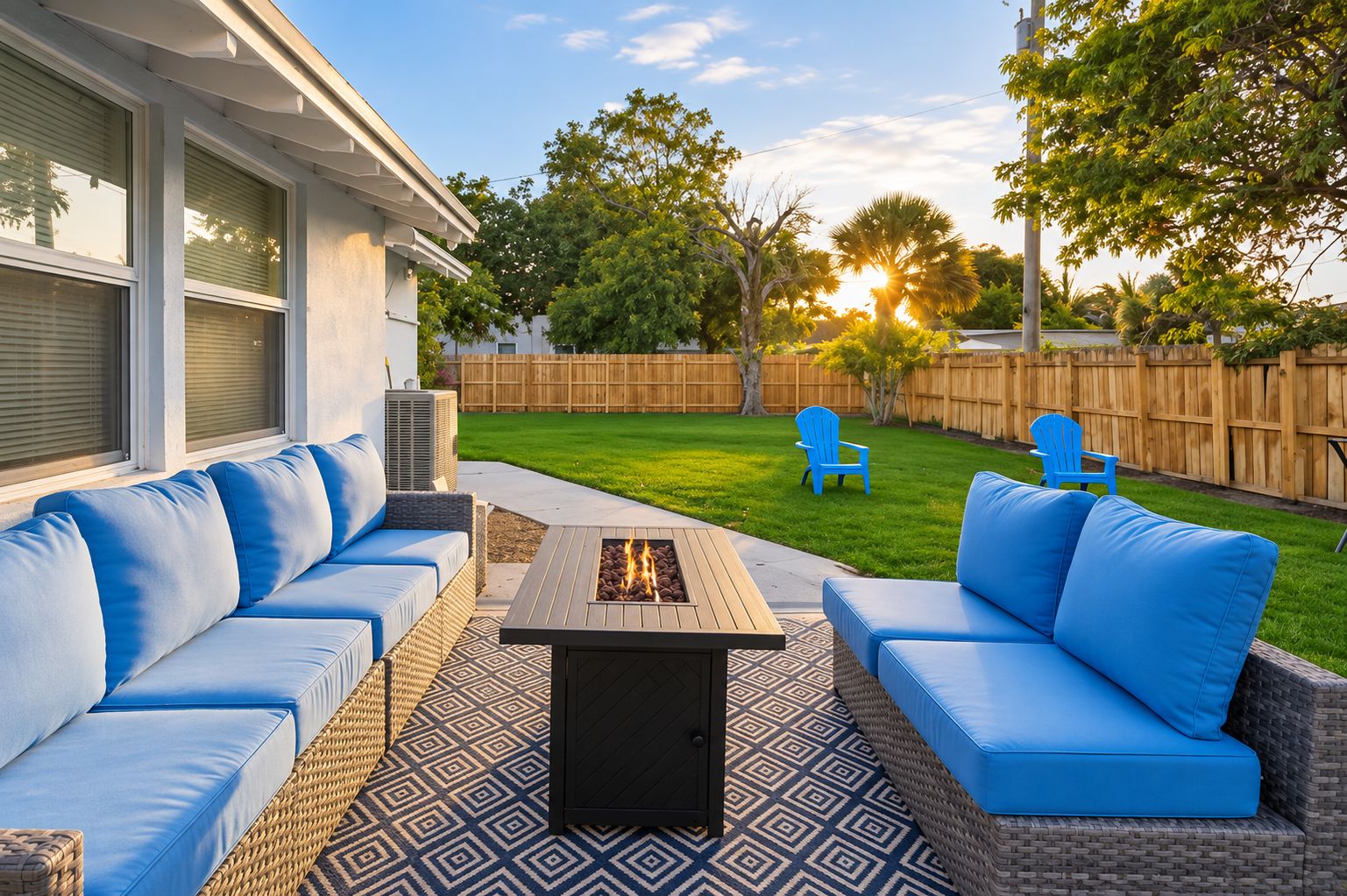 Une terrasse extérieure avec un foyer, deux canapés bleus et deux fauteuils bleus.