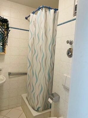 Shower, towels, soap, toilet paper