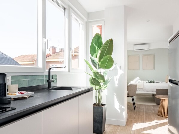 A modern kitchen with a black countertop, a large potted plant, and a view of the city through large windows.