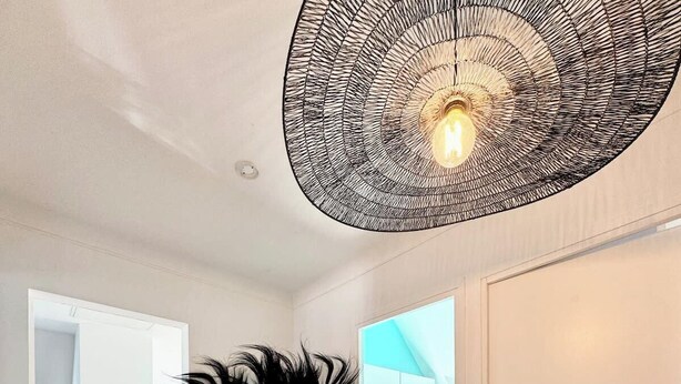Un intérieur moderne avec un plancher en bois, un vase noir contenant des plantes séchées et un luminaire au plafond au design original.