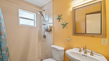 Chuveiro, secador de cabelo, toalhas de banho, sabonete