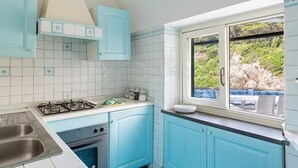 Eine Küche mit blauen Schränken, einem Gasherd und einem Fenster mit Blick auf Grünflächen.