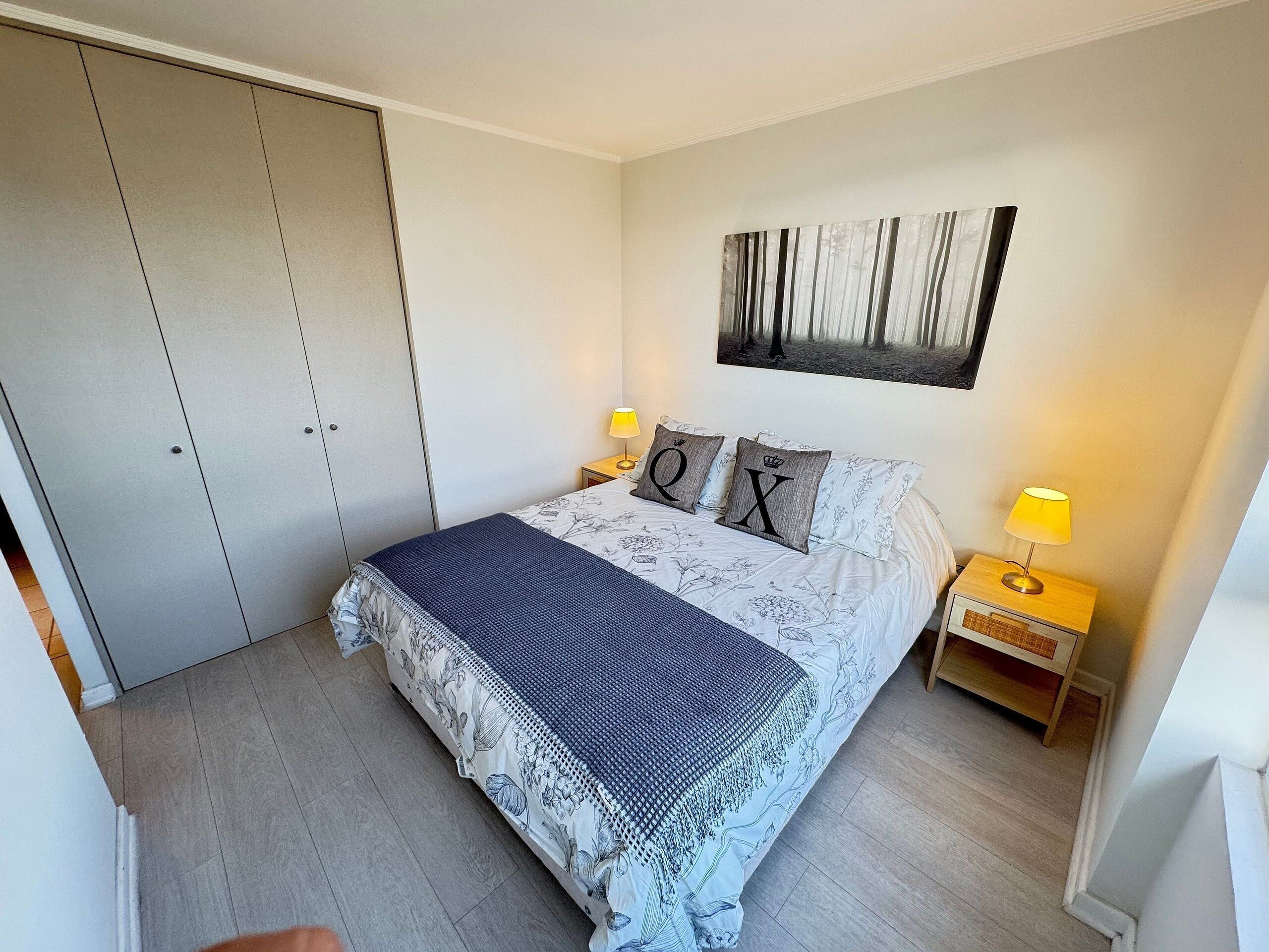 Un dormitorio con una cama, dos lámparas de noche, un cuadro en la pared y un armario.