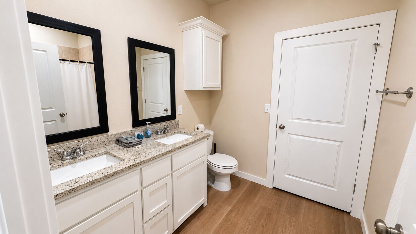 Hair dryer, towels, soap, toilet paper