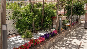 A garden with a pergola, various plants, and a stone pathway. - Il Cortiletto  (Agerola)