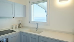 Eine moderne Küche mit integriertem Spülbecken, einem Fenster mit Blick und einer Arbeitsplatte mit Mixer und Tassen.
