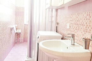 Shower, hair dryer, bidet, towels
