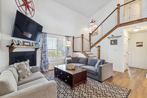 Smart TV, fireplace, DVD player, foosball