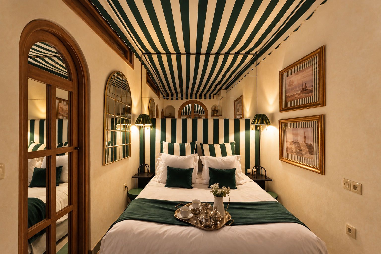 A hotel room with a bed, a tray with tea set, and framed pictures on the walls.