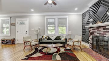 Smart TV, fireplace, foosball