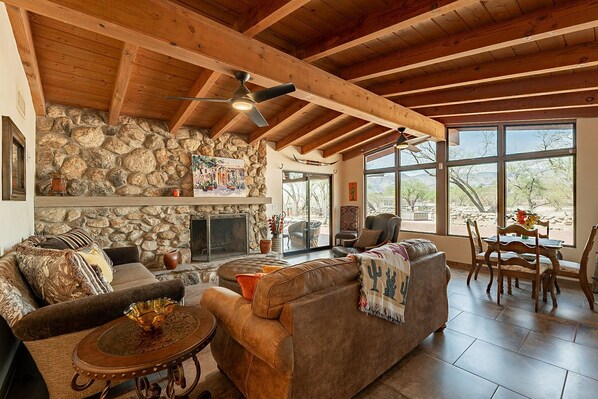 Smart TV, chimenea, libros