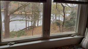 Ein Fenster mit Blick auf einen See und Bäume.