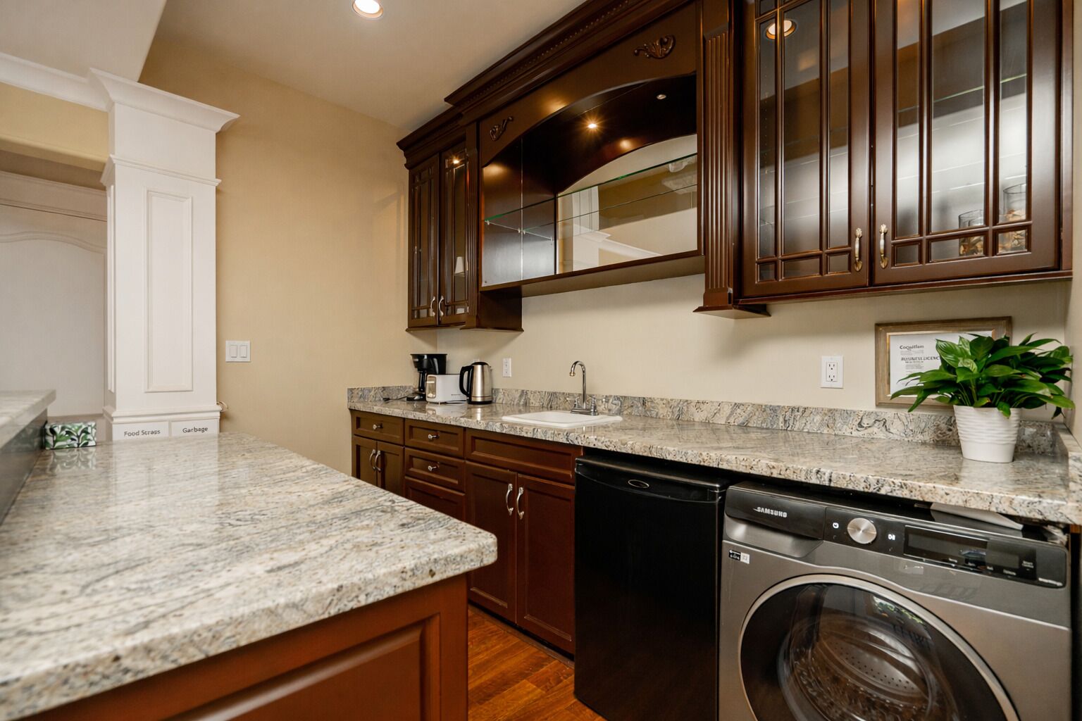 Electric kettle, toaster, paper towels, dining tables