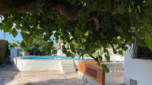 Un patio de piedra con piscina, un muro de ladrillo y un árbol que ofrece sombra.