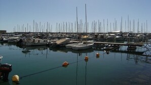 En lysthavn med mange både i havnen, roligt vand og klare himmelstrøg.