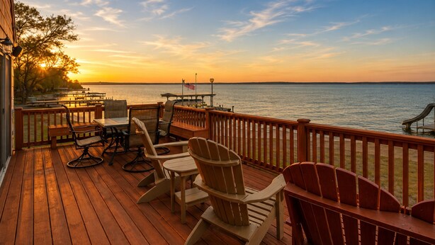 Une terrasse en bois avec des sièges extérieurs, offrant une vue sur une étendue d’eau au coucher du soleil.