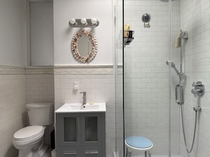 Shower, hair dryer, bidet, towels