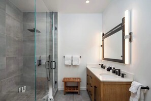 Shower, hair dryer, shampoo