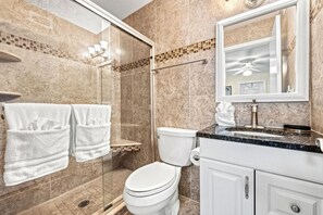 Shower, hair dryer, towels