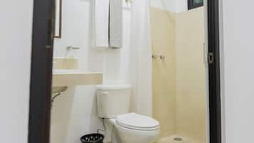 Shower, rainfall showerhead, towels, soap