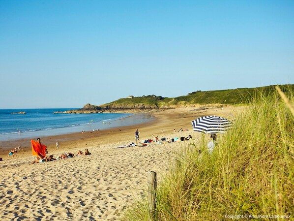 Una playa arenosa con gente tomando el sol y un área verde con una sombrilla a rayas.
