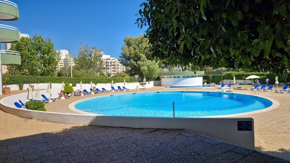 A swimming pool with blue water, surrounded by lounge chairs and umbrellas, with buildings and trees in the background.