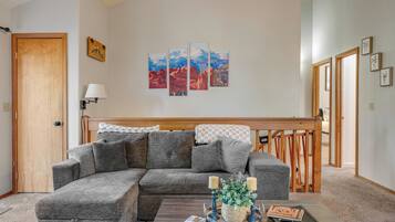 Smart TV, fireplace, books