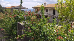 A two-story house with a tiled roof, surrounded by lush greenery and flowering plants. - Casa Ref gio do Douro (Baiao)