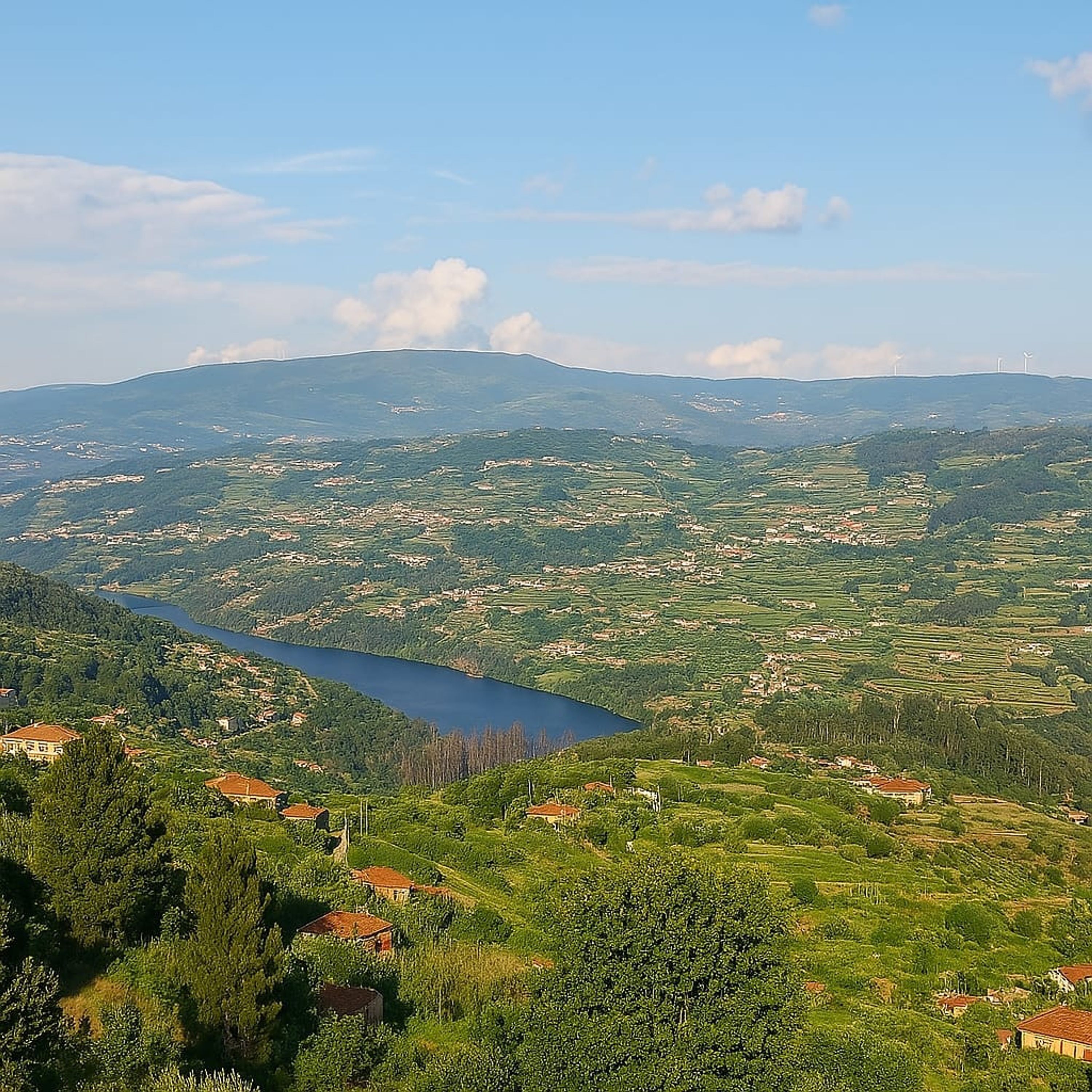 A panoramic view of a valley with a lake, surrounded by green hills and scattered houses.