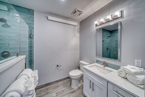 Shower, hair dryer, towels