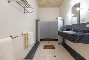 Hair dryer, towels, soap, toilet paper