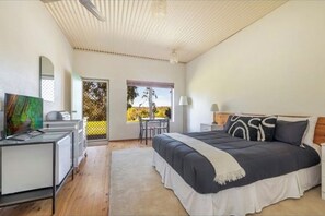 1 bedroom, desk, travel cot, bed sheets