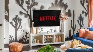 Smart TV, fireplace, video games, DVD player