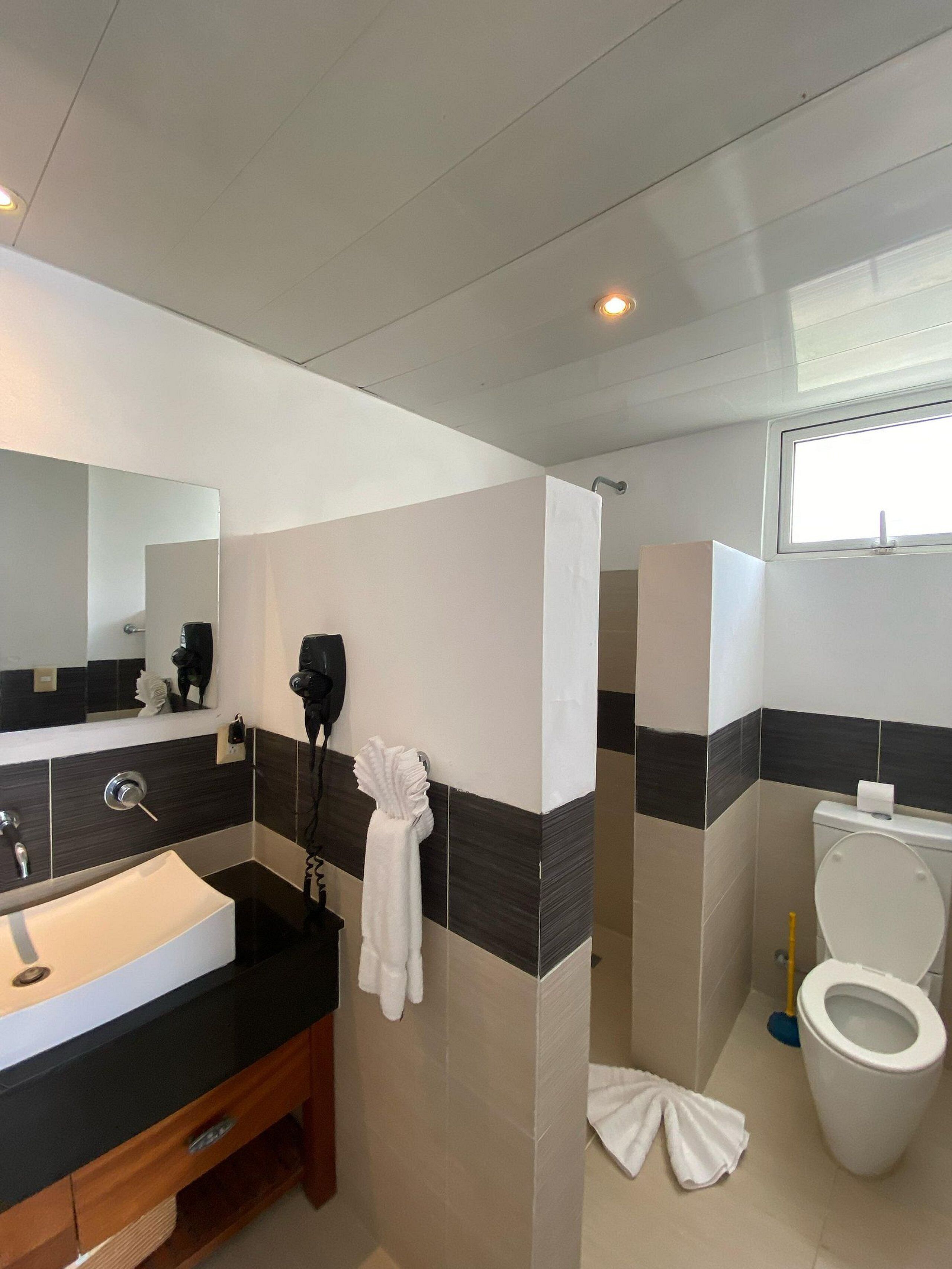 Ein modernes Badezimmer mit großem Spiegel, Waschbecken, Toilette und Duschbereich.