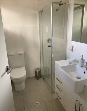 Dusche, Haartrockner, Handtücher, Seife