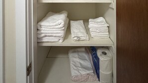 A closet with three shelves; the bottom shelf has folded towels and a package of toilet paper. - Main Street Condo in Miles City (Miles City)