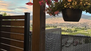 A wooden pergola with hanging lights and a flower pot with pink flowers.