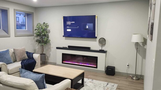 Un salon moderne comprenant un canapé, une table basse, une cheminée, un téléviseur et une plante.