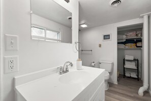 Hair dryer, towels, soap, shampoo