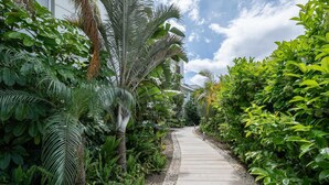 A concrete pathway flanked by lush greenery and a building in the background.