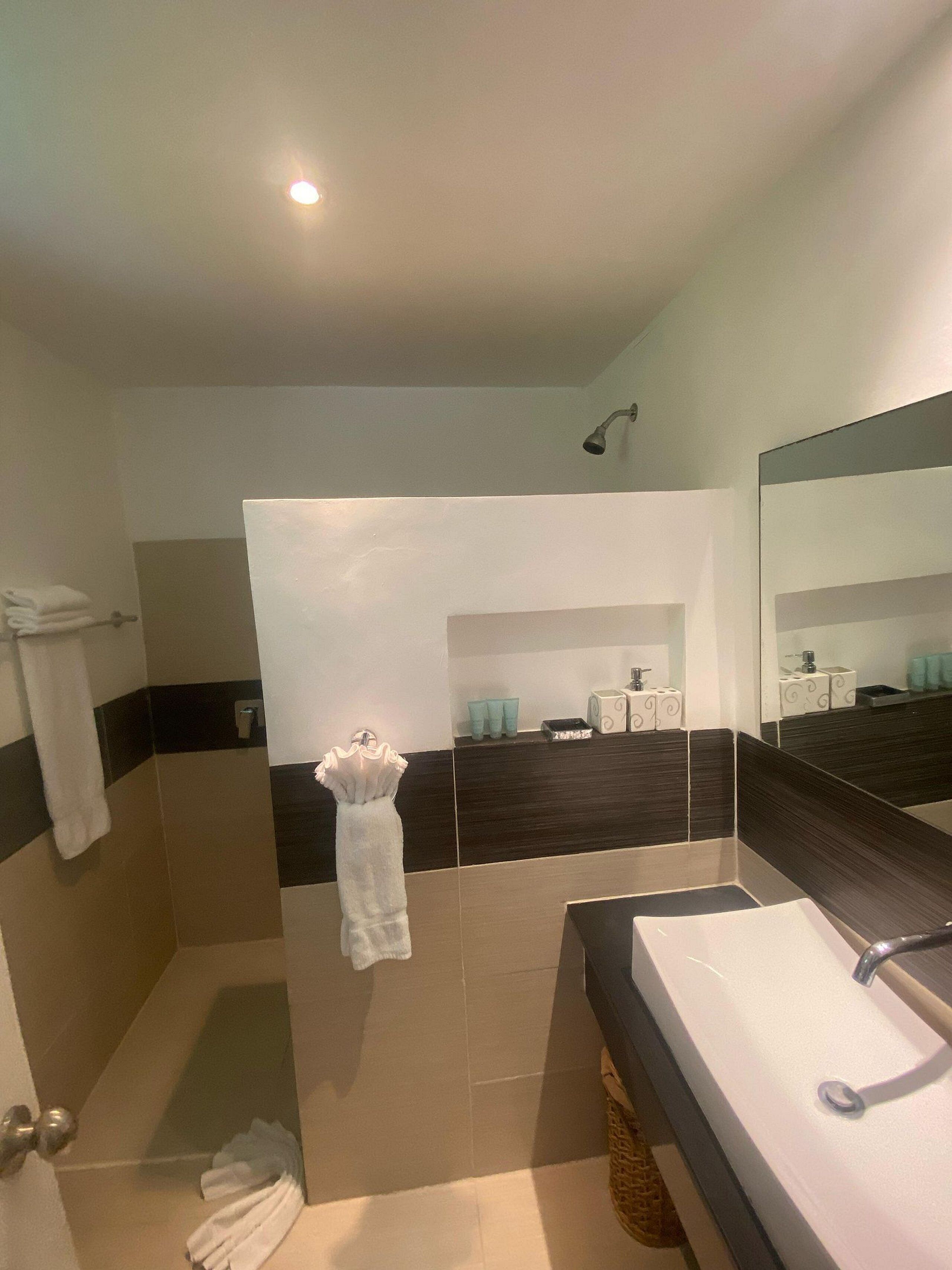 Une salle de bain moderne avec une douche, un lavabo et un grand miroir.