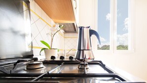 A kitchen with a gas stove, a kettle, and a potted plant.