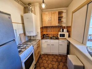 Fridge, microwave, toaster, cookware/dishes/utensils