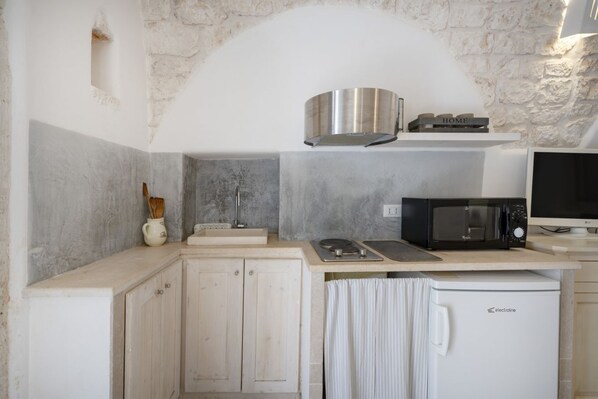 Kühlschrank, Mikrowelle, Herdplatte, Kochgeschirr/Geschirr/Besteck