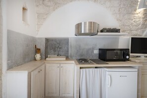 Geladeira, micro-ondas, cooktop, talheres/pratos/utensílios de cozinha